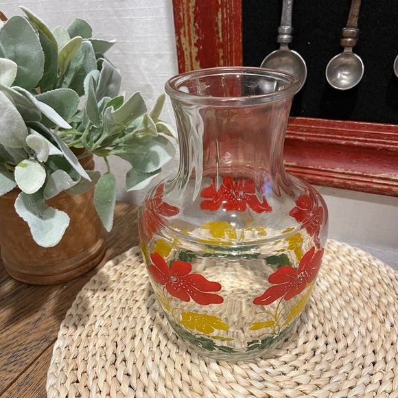 ❤️ Anchor Hocking – Clear Glass Carafe – Red & Yellow Floral – No Lid - Picture 1 of 9